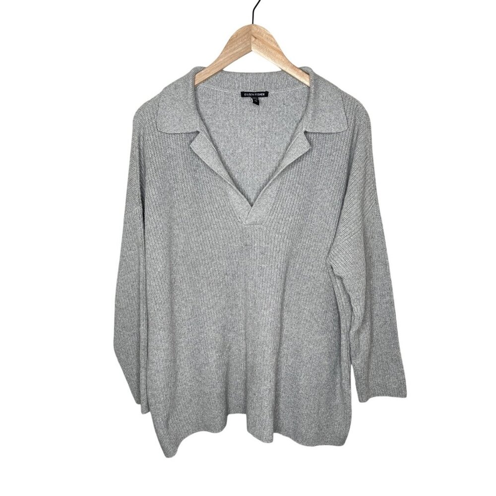 Eileen Fisher Gray Organic Cotton & Cashmere Knit Collared Sweater Large